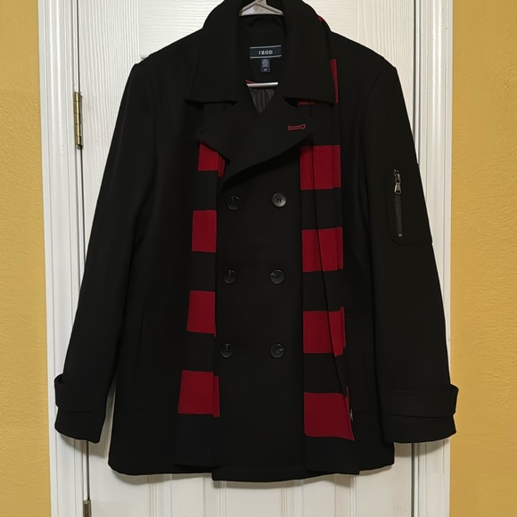Men’s IZOD double breasted pea coat w/ scarf - Picture 1 of 3